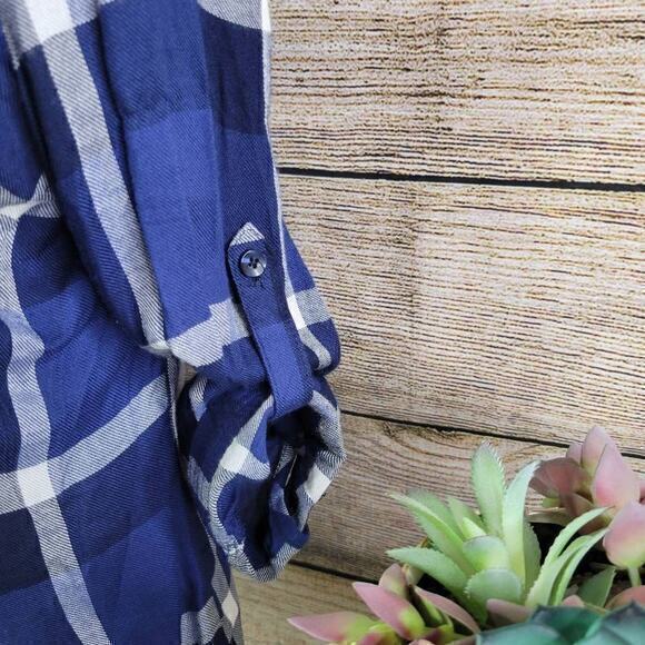 Harper Women's Plaid Flannel Collarless Henley Button-up Shirt Blue Small - Picture 4 of 8